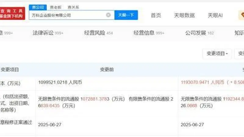 万科增资至约119.3亿