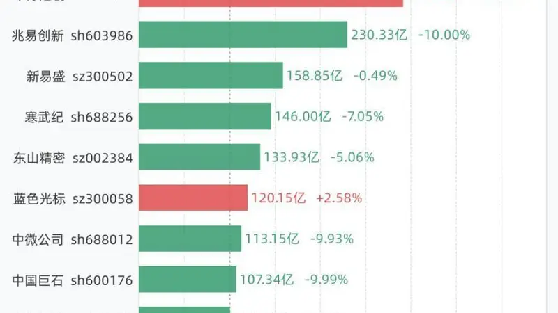 8月3日11股成交额超过百亿，包括长鑫科技、中际旭创、兆易创新、新易盛、寒武纪等