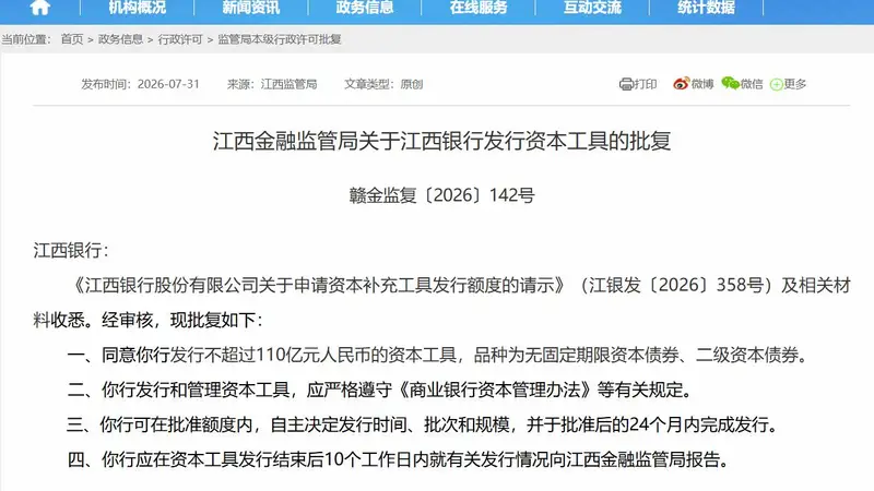 最高110亿元！江西银行获批发行两类资本债券