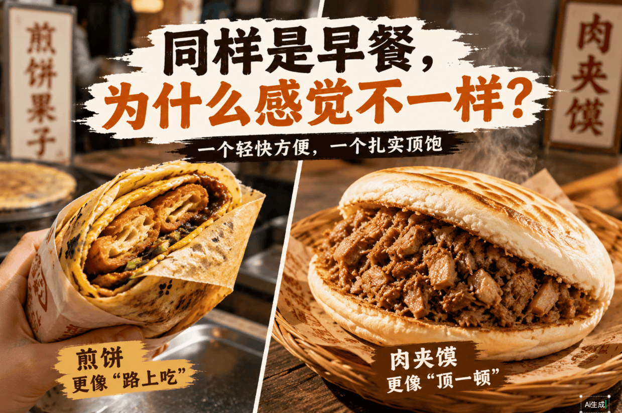同样是早餐，为什么煎饼更像“路上吃”，肉夹馍更像“顶一顿”？