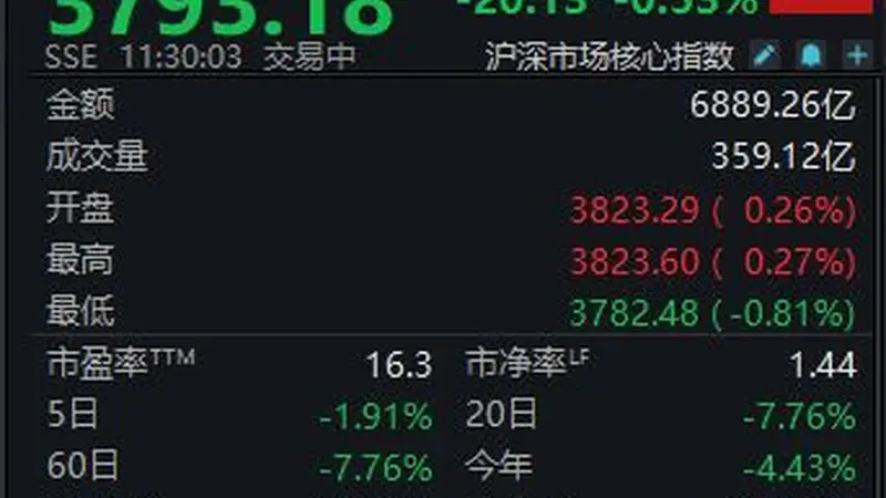 A股震荡走低，沪指半日收跌0.53%