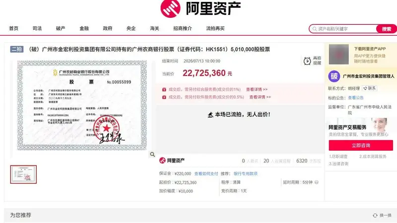 广州农商银行部分股权“上架”再遇流拍 资产质量隐忧拖累市场信心