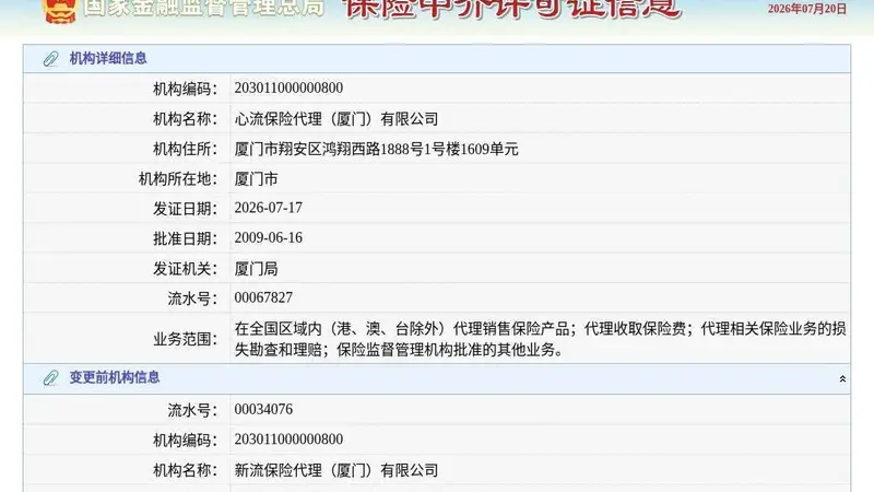 心流保险代理(厦门)有限公司换发保险中介许可证,发证日期2026年7月17日