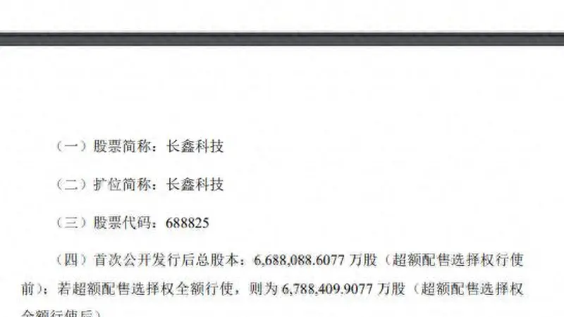 长鑫科技下周一上市，发行价为8.66元/股